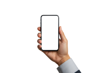 Youthful adult hand in neutral cuff holding a sleek black smartphone vertically with a blank white screen, isolated on transparent studio background, concept of modern digital innovation and