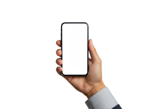 Youthful adult hand in neutral cuff holding a sleek black smartphone vertically with a blank white screen, isolated on transparent studio background, concept of modern digital innovation and