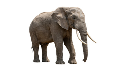 Obraz premium Adult african elephant with tusks, wrinkled skin, walking calmly on seamless transparent studio background with soft lighting, copy space. Concept of wildlife conservation and wisdom