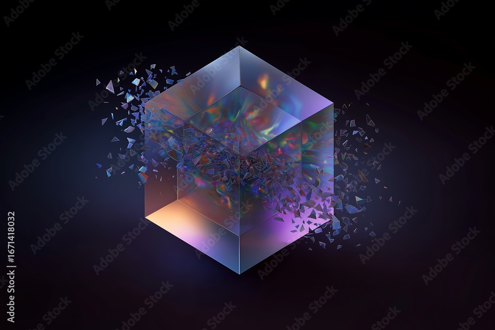 Poster abstract glass cube exploding into fragments with colorful neon reflections, digital art composition