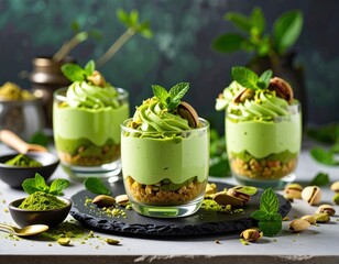 Matcha Mousse Dessert in Elegant Glass with Mint Garnish  