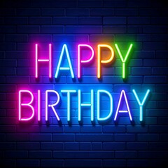 Neon Birthday Sign on Brick Wall
