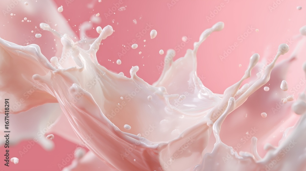 Poster splashing liquid creates dynamic wave patterns against a soft pink background in an artistic represe
