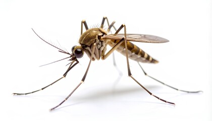 Close-up macro of a mosquito isolated on a white background, symbolizing insects, disease carriers, and biology.