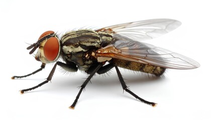 Close-up macro image of a fly isolated on a white background