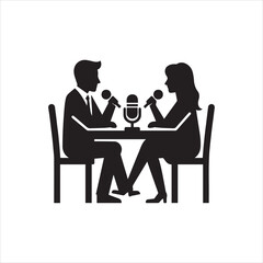 Silhouette of podcast hosts man and woman with microphones at table.
