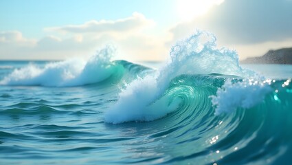 Rolling Ocean Waves with Sparkling Sunlight and Emerald Water, The Power and Tranquility of a Perfect Seascape, Translucent Waves Crashing on a Sunny Day, Liquid Motion A Series of Foaming Ocean