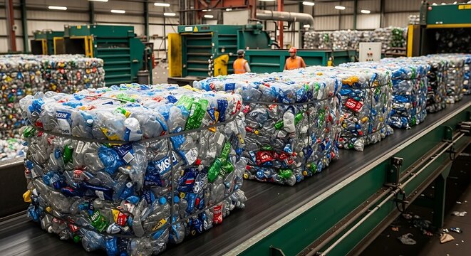 Compressed plastic bottle bales moving on a conveyor line at a recycling plant.