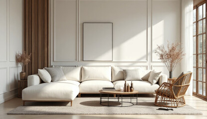 Modern concept of living room interior with design modular sofa, rattan armchair, dried flowers in vase, coffee table, decoration and elegant personal accessories in stylish home decor. Template. 