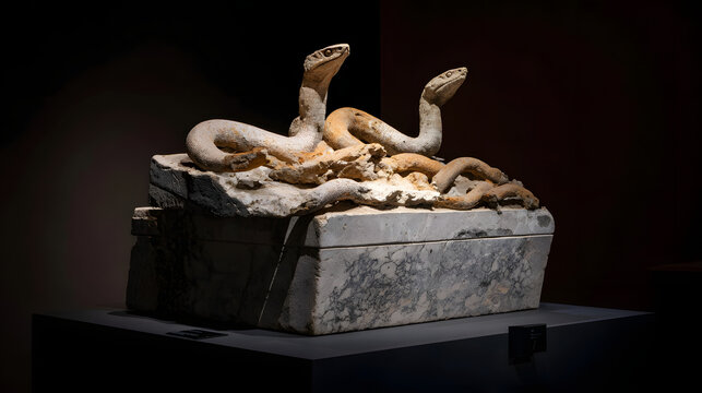 A fossilized two-headed serpent emerging dramatically from stone under museum lighting, evoking ancient mysteries.  
