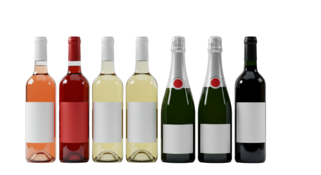 Six distinct glass rosé, white, sparkling, and red wine bottles with blank labels, transparent background, soft studio light, copy space. Concept for beverage branding