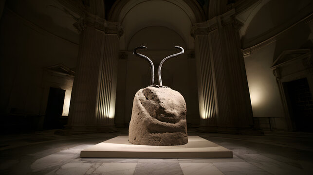 A fossilized two-headed serpent emerging dramatically from stone under museum lighting, evoking ancient mysteries.  
