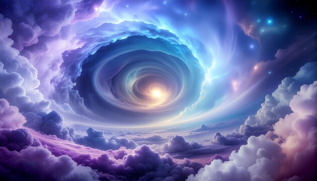 A mesmerizing cosmic vortex of swirling purple and blue clouds, creating a dreamy and surreal outer space atmosphere. - Powered by Adobe