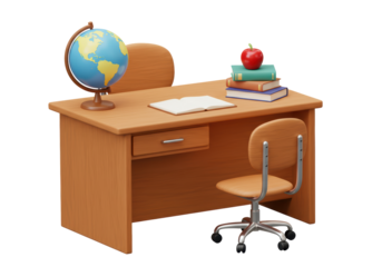 Isolated desk and chair with school books and a globe for learning or teaching