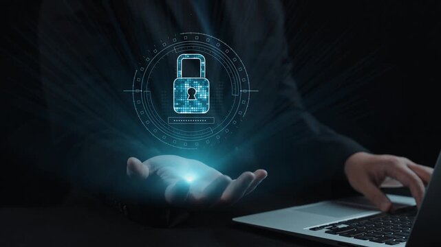This image illustrates a digital security concept featuring a glowing padlock above a hand, emphasizing data protection and cybersecurity in a modern workspace. Qubit