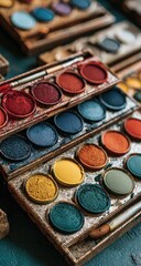 Naklejka premium Close-up of aged paint palettes, showcasing a variety of vibrant pigments. Wooden, metallic, and colorful paint wells are visible. A paintbrush is partially visible