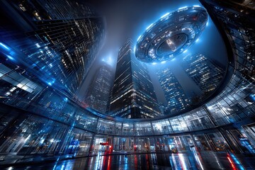 UFO Hovering Over Futuristic City at Night with Wet Streets