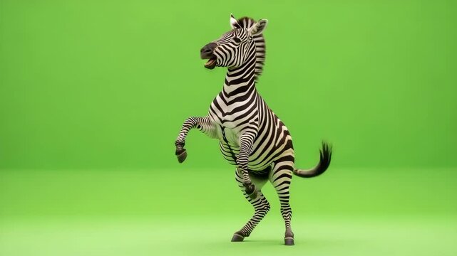 A zebra stands on its hind legs against a vibrant green backdrop.