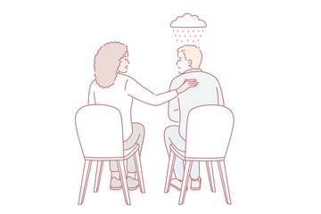 Empathy, support and understanding concept. Young smiling woman sitting Comforting her sad disappointed friend consoling and encouraging her colleague vector illustration