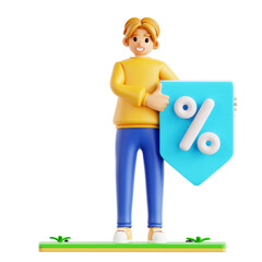 Cheerful 3D Render Man Holding Percentage Sign Shield with Thumb Up Illustration
