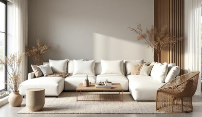 Modern concept of living room interior with design modular sofa, rattan armchair, dried flowers in vase, coffee table, decoration and elegant personal accessories in stylish home decor. Template. 