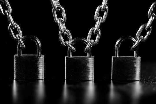 Three metal padlocks chained together on a dark background