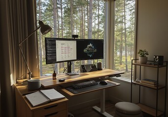 Bright home office setup with dual monitors, desk lamp, and a view of a forest through a large window.