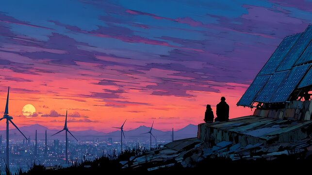 Vector Illustration of Sunset Scene with Wind Turbines, Solar Panels and Silhouettes of People for Copy Space, Isolated Background 