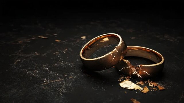 Broken Wedding Rings Symbolizing Heartbreak and Lost Love on Dark Background