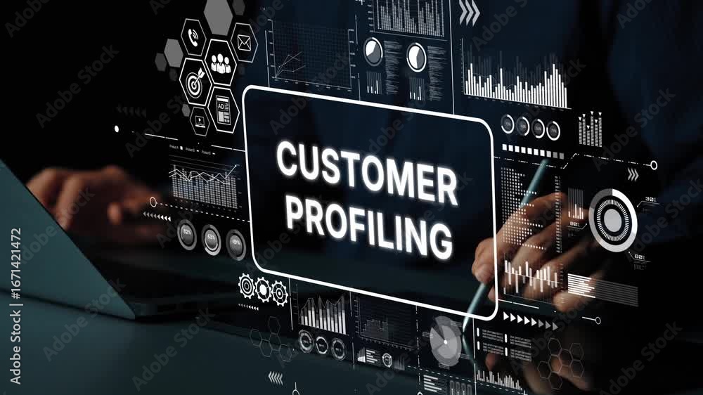 Poster detailed visualization of customer profiling with data analysis and charts for marketing strategies.