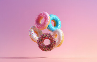 Floating colorful donuts on pink background