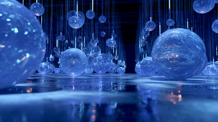 Futuristic blue light installation with spheres