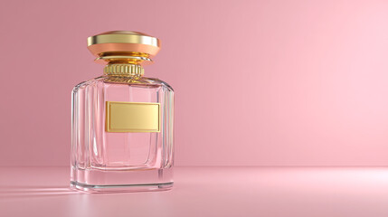 Elegant perfume bottle on pink backdrop