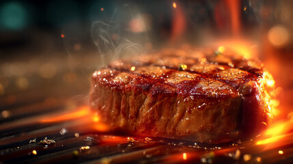 Grilled steak on open flame with smoke