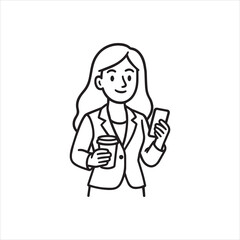 Stylish Woman with Coffee and Phone in Outline Style.