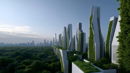 Aerial view of futuristic green city with rooftop gardens, vertical forests, and eco-friendly skyscrapers