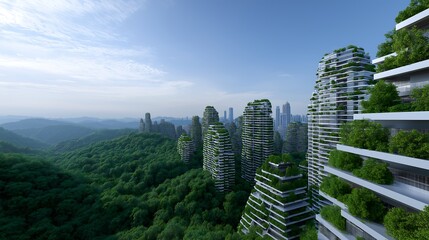 Aerial view of futuristic green city with rooftop gardens, vertical forests, and eco-friendly skyscrapers