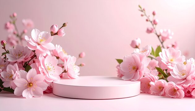 empty pink stage podium with pink flowers around