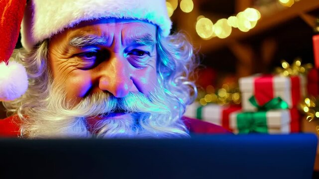 Santa Claus sits in the warehouse of his factory with laptop and keeps a record of gifts. Santa Claus sits in his factory warehouse, using a laptop to track the gifts list.