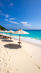 White beach umbrellas on sandy shore