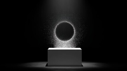 Spotlighted white pedestal with floating particle ring for dramatic New Year art.
