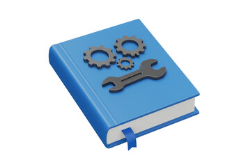 Isolated book about technology maintenance knowledge on blue cover with gears, wrench