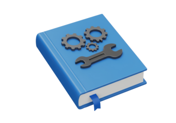 Isolated book about technology maintenance knowledge on blue cover with gears, wrench
