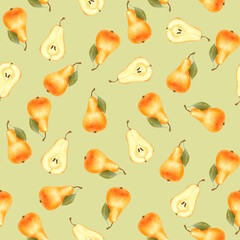 Hand-drawn illustration of a seamless pattern with whole and halved yellow pears and leaves on a light green background.