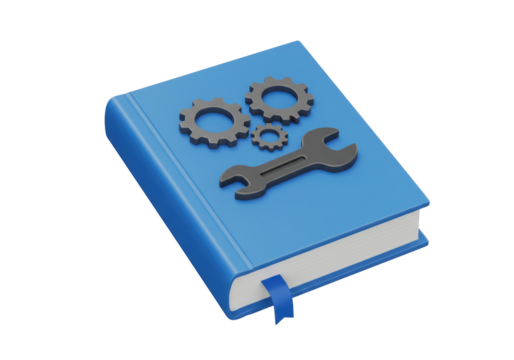 Isolated book about technology maintenance knowledge on blue cover with gears, wrench