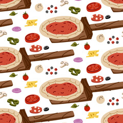 pattern of raw pizza on wooden spatula is ready for toppings. Toppings are available for selection. Sausage, spinach, cheese, olives, peppers, more. flat colorful seamless texture. homemade pizza