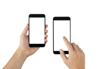Two light-skinned human hands interact with two sleek black smartphones with blank white screens against a shadowless studio background, concept of mobile technology and digital growth