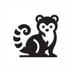 Stylized Black and White Lemur Icon with Curled Tail and Round Ears.