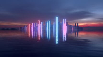 Futuristic city skyline reflected in water with neon holographic billboards