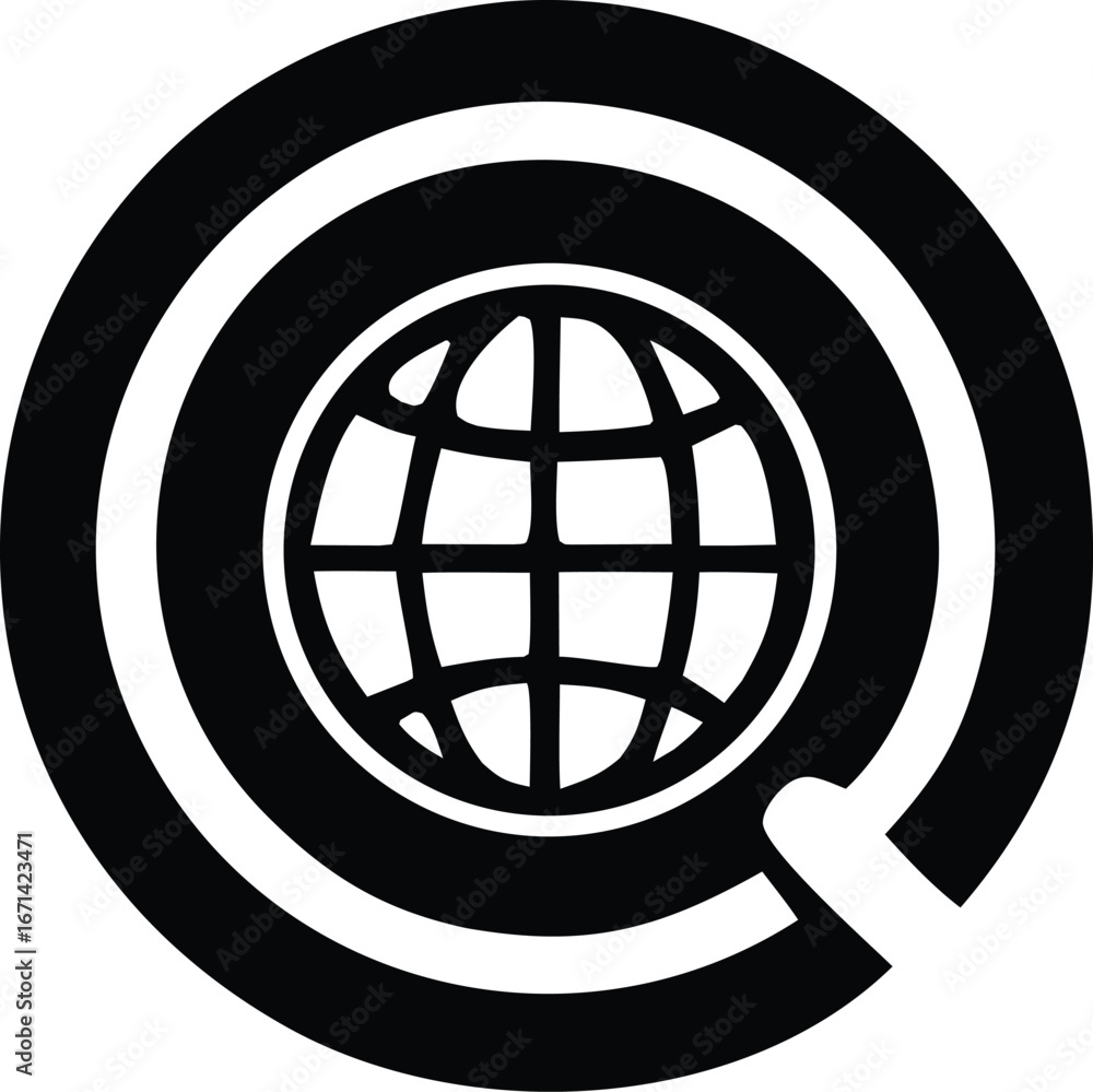 Poster global network symbol featuring a stylized globe enclosed within concentric circles and a subtle out